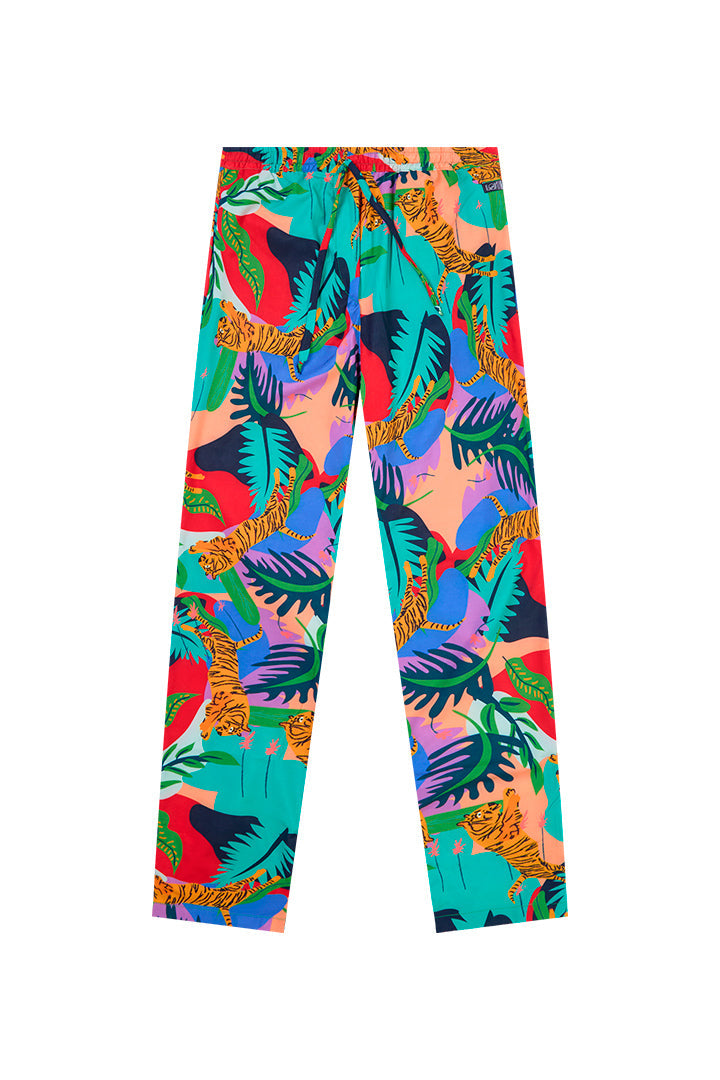 Colorful tropical leaf patterned pants on a white background